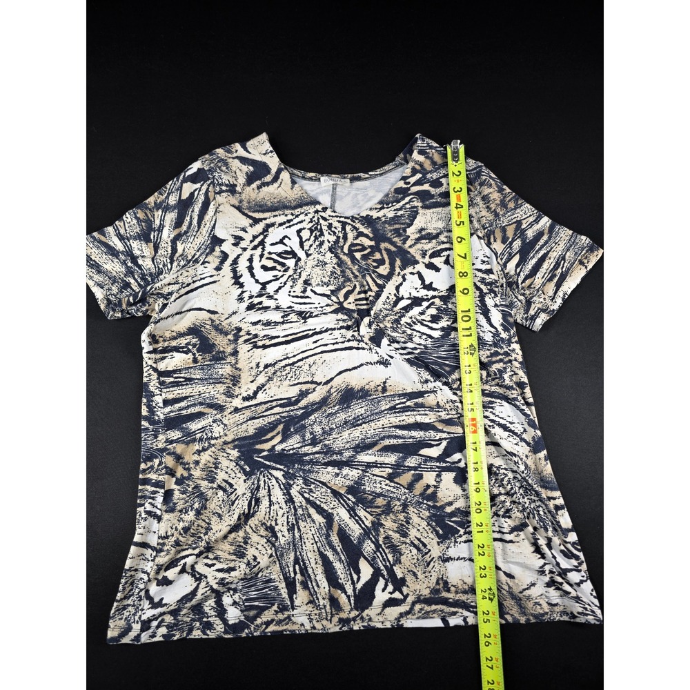 Bonita Womens XL Tiger Print V-Neck Short Sleeve Top Viscose Stretch Navy Tan - Picture 2 of 6